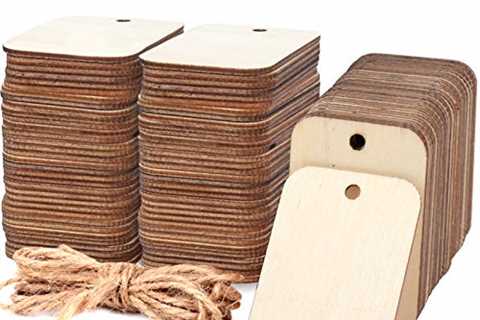 100 Pcs Unfinished Wood Pieces Rectangle-Shaped, Light Wooden Cutout Natural Rustic with Hole, and..