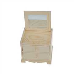 Dovewill Natural Unfinished Wooden Jewelry Box Small 2 Drawers Chest Case Glass Mirror