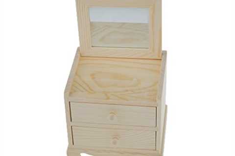 Dovewill Natural Unfinished Wooden Jewelry Box Small 2 Drawers Chest Case Glass Mirror